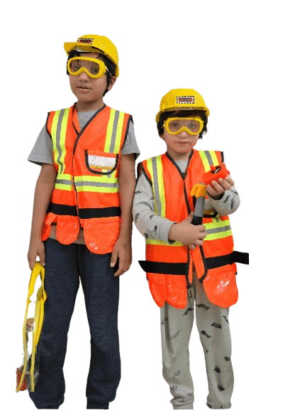 a pair of boys wearing safety vests and goggles